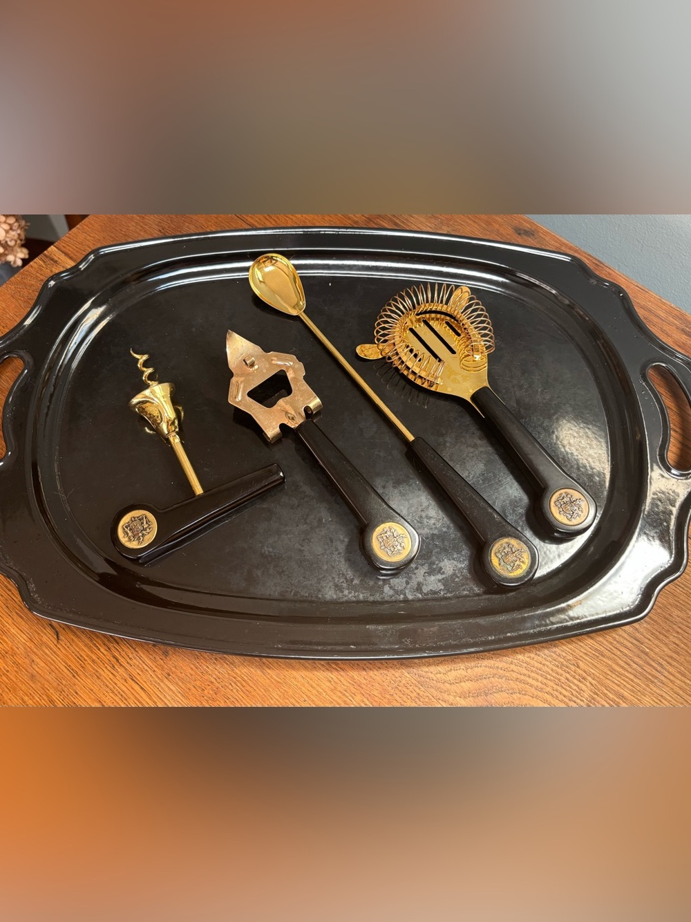 Retro MCM Black Bakelite 22K Gold Plated Bar Tool Set w/ Metal Tray